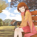  1girl :d bench blush brown_hair buttons closed_eyes clouds hands_together highres jacket long_hair nisekoi onodera_kosaki open_mouth outdoors scarf sitting skirt smile solo total9 tree 
