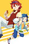  2boys blue_eyes bottle brown_eyes chobota chopsticks collarbone food food_on_face gundam gundam_build_fighters iori_sei male mouth_hold multiple_boys open_mouth plate redhead reiji_(gundam_bf) rice rice_bowl rice_on_face salad smile sunglasses sunglasses_on_head 