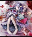  1girl barefoot blush book cake capelet crescent dress flower food glasses hat kaguyakyou long_hair long_sleeves lying no_hat patchouli_knowledge petals purple_hair rose solo touhou violet_eyes wide_sleeves 