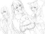  3girls :p belt boots bracelet cosplay fangs hatsune_miku heart highres jewelry kagamine_rin lineart long_hair looking_at_viewer megurine_luka monochrome multiple_girls navel pointy_ears scythe short_hair skull smile suzushiro_umi thigh_boots thighhighs tongue twintails vocaloid 