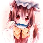  1girl animal_ears blush brown_hair bust cat_ears cat_tail chen fish gradient gradient_background hat heart heart-shaped_pupils long_sleeves looking_at_viewer mitoki_6x6 mouth_hold multiple_tails paw_pose red_eyes short_hair solo symbol-shaped_pupils tail touhou 