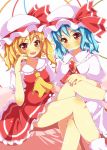  2girls ascot blonde_hair blue_hair blush brooch dress fang flandre_scarlet hand_on_knee hat hat_ribbon highres jewelry mob_cap multiple_girls open_mouth pink_dress puffy_sleeves red_dress red_eyes remilia_scarlet ribbon shirt short_sleeves siblings side_ponytail sisters sitting smile touhou yuimari 