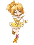  1girl boots bow brown_eyes brown_hair choker cure_pine earrings fresh_precure! hair_bow jewelry kingetsu_mikoto knee_boots kneehighs magical_girl precure short_hair side_ponytail skirt smile solo standing_on_one_leg white_background wrist_cuffs yamabuki_inori 