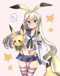 1girl blonde_hair brown_eyes doyouwantto elbow_gloves gloves kantai_collection kneehighs long_hair microskirt panties personification pikachu pleated_skirt pokemon shimakaze_(kantai_collection) skirt solo striped striped_legwear thighhighs underwear 