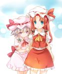  2girls ascot blue_eyes blush_stickers bow braid dress flandre_scarlet flandre_scarlet_(cosplay) hair_bow hat hat_bow hong_meiling izayoi_sakuya long_hair moneti_(daifuku) multiple_girls redhead remilia_scarlet remilia_scarlet_(cosplay) silver_hair touhou twin_braids violet_eyes 