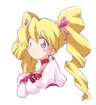  1girl blonde_hair bust choker cure_peach earrings fresh_precure! jewelry kingetsu_mikoto long_hair magical_girl momozono_love pink_eyes precure puffy_sleeves solo twintails white_background 