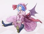  1girl bat_wings blue_hair boots cross-laced_footwear dress fang grin hat hat_ribbon high_heels knee_boots long_sleeves looking_at_viewer mob_cap pink_dress red_eyes remilia_scarlet ribbon sash sitting slit_pupils smile solo tile_floor tiles tkln touhou v_arms wings 