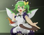  1girl alternate_costume cup daiyousei dress enmaided green_eyes green_hair jurakin long_hair maid maid_headdress open_mouth side_ponytail solo spilling teacup touhou tray wings 