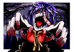  1girl absurdres blue_hair chinese_clothes hat highres kuroshiro_(ms-2420) miyako_yoshika ofuda open_mouth outstretched_arms red_eyes ribbon skirt solo touhou zombie zombie_pose 