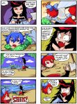  4koma animal_ears axe black_hair blue_eyes blue_hair bow comic decapitation fang finnish imaizumi_kagerou red_eyes redhead scales sekibanki setz shocked_eyes touhou wakasagihime weapon wolf_ears 