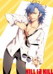  1boy aviator_glasses blue_eyes blue_hair glasses grin highres himekawa_donki kill_la_kill long_sleeves mikisugi_aikurou necktie open_clothes open_shirt smile solo 