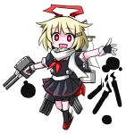  1girl alternate_costume blonde_hair chibi fang fingerless_gloves gloves glowing glowing_eyes hair_ornament hair_ribbon hairclip kantai_collection kugelschreiber looking_at_viewer machinery magic open_mouth red_eyes ribbon rumia solo torpedo touhou turret yuudachi_(kantai_collection) yuudachi_(kantai_collection)_(cosplay) 