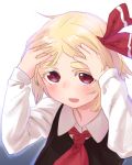  1girl ascot blonde_hair bust fang gradient gradient_background hair_ribbon hands_on_own_head long_sleeves looking_at_viewer open_mouth pine red_eyes ribbon rumia short_hair simple_background slit_pupils solo touhou vest 