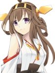  1girl breasts brown_hair detached_sleeves double_bun hair_ornament hairband japanese_clothes kantai_collection large_breasts long_hair looking_at_viewer miko nontraditional_miko personification violet_eyes 