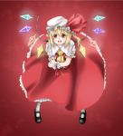  1girl blonde_hair flandre_scarlet from_above hat hat_ribbon highres red_eyes ribbon ruuto_(sorufu) side_ponytail solo touhou wings 