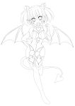  1girl absurdres breasts demon_tail earrings highres horns jewelry lineart looking_at_viewer monochrome open_mouth pointy_ears sesuna_ykyk short_hair smile solo tail wings 