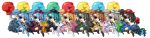  1girl alternate_color animalization backpack bag black_hair blonde_hair blue_eyes blue_hair boots boxing_gloves brown_hair chibi fall_(artist) green_eyes green_hair grey_eyes grey_hair hair_bobbles hair_ornament hat highres hopeless_masquerade kawashiro_nitori kawashiro_nitori_(turtle) key lavender_hair long_image open_mouth puffy_short_sleeves puffy_sleeves raised_fist ribbon shell short_hair short_sleeves simple_background skirt smile touhou turtle twintails white_background wide_image wrench 