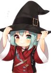  1girl blue_hair blush braid elf final_fantasy final_fantasy_xiv green_eyes hand_on_hat hat lalafell looking_at_viewer midorikawa_you pointy_ears red_eyes short_hair smile solo sweatdrop witch_hat 