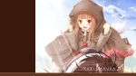  1girl artist_name blush brown_hair cape clouds fang highres holo hood horse horseback_riding jewelry long_hair looking_at_viewer necklace nncat open_mouth pouch red_eyes riding sash sky smile solo spice_and_wolf tail wallpaper wind 