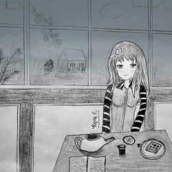 1girl cafe clouds cloudy_sky facing_viewer food grey_background greyscale highres looking_at_viewer monochrome rain restaurant rural ryan_ellipsis self-upload shirt sky solo striped_clothes striped_shirt tea waffle 