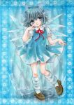  1girl blue_background blue_eyes blue_hair bow cirno dress finger_to_face frame hair_bow highres ice_crystal leg_up looking_at_viewer marker_(medium) open_mouth puffy_short_sleeves puffy_sleeves ribbon shoes short_hair short_sleeves skirt_hold socks solo sparkle touhou traditional_media wings yuura_arisa 