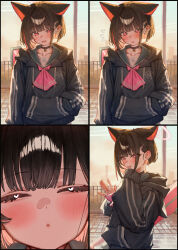  1girl absurdres animal_ears ascot averting_eyes betanonbeet black_choker black_hair black_hoodie black_jacket blue_archive blunt_bangs blunt_ends blush cat_ears choker closed_eyes collarbone colored_inner_hair commentary extra_ears flying_sweatdrops green_sailor_collar halo hand_in_pocket highres hood hoodie incoming_kiss jacket kazusa_(blue_archive) looking_at_viewer multicolored_hair multiple_views nervous_sweating outdoors pink_ascot pink_hair railing sailor_collar school_uniform serafuku short_hair smile stitched sweat two-tone_hair upper_body 