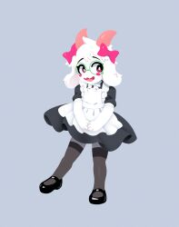  1boy aamakuruu animal_ears black_shoes black_thighhighs blush bow bright_pupils crossdressing crossdressing_(mtf) deltarune enmaided full_body green-framed_eyewear grey_background horns looking_at_viewer maid male_focus male_maid open_mouth pink_bow pink_eyes ralsei round_eyewear shoes short_hair short_sleeves simple_background smile solo thigh-highs utdr_(toby_fox) white_pupils 