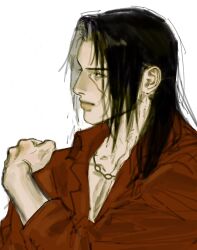  1boy black_hair closed_mouth collared_shirt commentary facial_mark hair_over_shoulder hand_on_own_shoulder highres jewelry junkboh long_hair long_sleeves male_focus naruto_(series) naruto_shippuuden necklace parted_bangs red_shirt shirt sketch solo uchiha_itachi upper_body white_background 