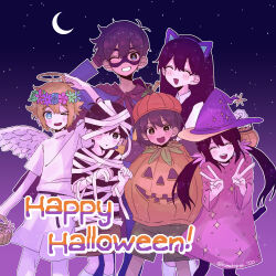  >_o 2girls 4boys absurdres angel_wings antenna_hair arm_behind_head arm_up artist_name aubrey_(faraway)_(omori) aubrey_(omori) basil_(faraway)_(omori) basil_(omori) basket black_eyes black_hair black_shirt blonde_hair blue_eyes blush brown_eyes brown_hair brown_shorts cape commentary_request dark-skinned_male dark_skin domino_mask double_v eye_mask fake_halo fake_wings flower flower_wreath grin hair_behind_ear halloween halloween_costume halo happy_halloween hat head_wreath hero_(faraway)_(omori) hero_(omori) highres holding holding_basket kel_(faraway)_(omori) kel_(omori) komekopan_720 long_sleeves mari_(faraway)_(omori) mari_(omori) mask multiple_boys multiple_girls mummy_costume omori one_eye_closed open_mouth pantyhose parted_lips purple_hat red_cape shirt short_sleeves shorts smile sunny_(omori) t-shirt teeth twitter_username v wings witch_hat 