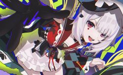  1girl black_gloves black_hat braid clothing_cutout diamond_(shape) diamond_facial_mark diamond_on_cheek facial_mark gloves hat hat_ornament heart heart_facial_mark heart_on_cheek highres honkai:_star_rail honkai_(series) long_hair looking_at_viewer mark_under_both_eyes mini_hat mini_top_hat multicolored_hair open_mouth pink_eyes rabbit_ear_headwear rabbit_hat_ornament shoulder_cutout single_glove smile solo sparkle_(honkai:_star_rail) sparxie_(honkai:_star_rail) top_hat twintails very_long_hair white_hair wiersa 