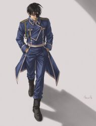  1boy aiguillette amestris_military_uniform black_boots black_hair blue_coat blue_pants boots coat commentary english_commentary eyepatch full_body fullmetal_alchemist highres long_sleeves male_focus military_uniform one_eye_covered pants rdmmrth roy_mustang short_hair silver_trim sleeve_cuffs solo walking 