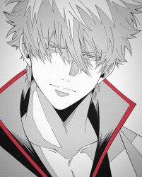  1boy closed_mouth collarbone collared_shirt gintama grey_background greyscale hair_between_eyes highres jitome looking_at_viewer male_focus monochrome portrait red_trim sakata_gintoki shirt short_sleeves simple_background solo spot_color yubi_nui21 