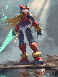  1boy absurdres armor black_eyes blonde_hair commentary_request different_reflection energy_sword forehead_jewel full_body helmet highres holding holding_sword holding_weapon long_hair male_focus mega_man_(series) mega_man_x_(series) mega_man_zero_(series) omochi_(mochi_skymega) red_armor red_helmet reflection solo standing sword weapon z_saber zero(z)_(mega_man) zero_(mega_man) 