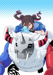  >_< 1girl 1other =_= absurdres black_gloves blowing_nose blue_skirt blue_vest brown_hair closed_eyes crossed_bangs digimon digimon_(creature) digimon_beatbreak double_bun fangs fingerless_gloves gloves hair_bun halftone halftone_background hasegawa_(hase_popopo) highres horns marinchimairamon multicolored_hair pink_hair red_horns sakai_honoka simple_background single_fingerless_glove skirt sneezing tissue two-tone_hair vest white_fur 