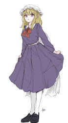  1girl :o back_bow black_shoes blonde_hair bow bowtie collared_dress comically_large_bow contrast_collar dress hat highres kashiwada_kiiho large_bow maribel_hearn medium_hair mob_cap open_mouth pantyhose purple_dress red_bow red_bowtie sash shoes signature simple_background skirt_hold solo standing touhou violet_eyes white_background white_bow white_hat white_pantyhose white_sash 