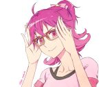  1girl aida_mana bespectacled brown-framed_glasses bust character_name dokidoki!_precure glasses looking_at_viewer negom pink_eyes precure short_hair simple_background smile solo white_background 