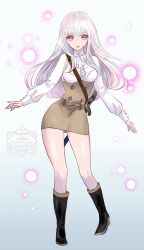  1girl black_boots blue_background boots breasts commentary_request dress fire_emblem fire_emblem:_three_houses full_body garreg_mach_monastery_uniform helen_(helen2210hk) highres long_hair looking_at_viewer lysithea_von_ordelia medium_breasts open_mouth pencil_dress red_eyes sheath sheathed short_dress solo standing thighs watermark white_hair 