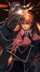  1boy absurdres aiguillette amestris_military_uniform black_hair blue_jacket blue_pants collared_jacket fullmetal_alchemist gloves hand_in_pocket highres jacket long_sleeves low_light military military_jacket military_uniform pants roy_mustang silver_trim snapping_fingers solo sushirice_0 white_gloves 