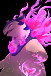  fire highres hisuian_typhlosion looking_at_viewer no_humans open_mouth pokemon pokemon_(creature) purple_fire purple_fur red_eyes rumine_(yoshi1234567) solo two-tone_fur upper_body yellow_fur 