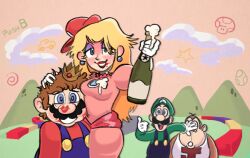  1girl 3boys after_kiss alcohol bottle brooch champagne champagne_bottle commentary covering_another's_eyes crown donkey_kong_jr. dress drunk english_commentary facial_hair foam hat headwear_switch height_difference highres holding holding_bottle jewelry large_nose lipstick_mark lipstick_mark_on_another's_lips lipstick_mark_on_face lipstick_mark_on_nose lowkeydracula luigi mario mario_kart messy_hair mini_crown multiple_boys mustache overalls pink_dress princess_peach racetrack red_hat short_male super_mario_bros. 