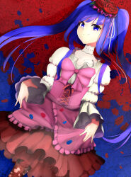  1girl absurdres blue_eyes blue_flower blue_hair blue_rose bow choker closed_mouth commentary corset cowboy_shot dutch_angle eyelashes floral_background flower frilled_skirt frilled_sleeves frills furrowed_brow furudo_erika hair_flower hair_ornament hair_spread_out highres huge_bow long_hair long_sleeves looking_at_viewer lying on_back pantyhose petals pink_bow pink_corset pink_skirt red_flower red_rose red_skirt rose rose_petals shirt sidelocks skirt skirt_hold smile smug solo split_mouth torn_clothes torn_pantyhose twintails two-tone_skirt umineko_no_naku_koro_ni very_long_hair white_choker white_shirt wide_sleeves zwmc1 