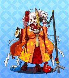  1girl ahoge commentary_request drill_hair fang food full_body geta highres japanese_clothes kimono makizushi microphone_stand open_mouth orange_eyes orange_kimono outstretched_arms peru_co pink_hair solo spread_arms stuffed_animal stuffed_toy sushi tsuina-chan twin_drills voiceroid 
