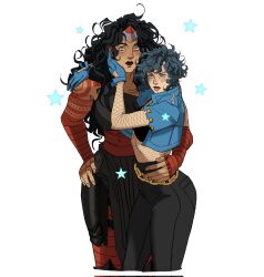  2girls absolute_dc absolute_wonder_woman amazon_warrior arm_tattoo arm_wrap arms_around_neck arms_around_waist back_spikes black_hair black_sports_bra blue_eyes blush chain_belt commentary curly_hair dc_comics english_commentary fishnet_leotard fishnet_top fishnets high-waist_pants highres hug leotard long_hair marceline2174 multiple_girls muscular muscular_female mutual_hug pants red_tattoo shoulder_spikes smile spiked_jacket spikes sports_bra tall_female tattoo tattoo_sleeve thighs tiara wonder_woman wonder_woman_(series) yuri zatanna_zatara zatanna_zatara_(absolute_dc) 