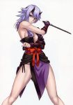  1girl absurdres breasts green_eyes headband highres horns lavender_hair ninja ninjatou obi queen&#039;s_blade shizuka_(queen&#039;s_blade) short_hair solo weapon 