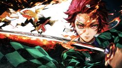  1girl 3boys agatsuma_zenitsu asa_no_ha_(pattern) boar_mask character_request checkered_haori commentary demon_slayer_uniform diamond-shaped_pupils diamond_(shape) earrings fire full_body hanafuda_earrings haori hashibira_inosuke highres holding holding_sword holding_weapon japanese_clothes jewelry kamado_nezuko kamado_tanjirou kimetsu_no_yaiba kimono kishimen_hair looking_at_viewer multiple_boys parted_lips pink_kimono red_eyes red_hair running scar scar_on_face scar_on_forehead short_hair slit_pupils sword symbol-shaped_pupils translation_request triangle_print untranslatable_commentary weapon yellow_haori yud79317724 