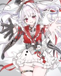  1girl black_choker black_gloves black_hat blush braid breasts butterfly-shaped_pupils center_frills choker clothing_cutout commentary_request cowboy_shot diamond_(shape) diamond_facial_mark diamond_on_cheek dress facial_mark frilled_dress frilled_sleeves frills from_above frown gloves hat hat_ornament heart heart_facial_mark heart_on_cheek highres honkai:_star_rail honkai_(series) long_hair looking_at_another looking_at_viewer mark_under_both_eyes mini_hat mini_top_hat multicolored_hair on_bed open_fifth_position_of_the_arms open_mouth outstretched_arms pink_eyes rabbit_ear_headwear rabbit_hat_ornament red_eyes red_shirt shirt shoulder_cutout shyaruru single_glove skirt smile solo sparkle_(honkai:_star_rail) sparxie_(honkai:_star_rail) spread_arms symbol-shaped_pupils thigh_strap thumbs_up_emoji top_hat twintails very_long_hair white_hair white_skirt 