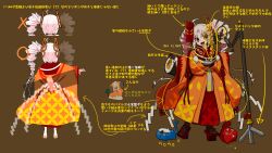  1girl absurdres ahoge brown_background commentary_request drill_hair fang food full_body geta highres japanese_clothes kimono makizushi microphone_stand multiple_views open_mouth orange_eyes orange_kimono outstretched_arms peru_co pink_hair pointing_out_the_details reference_sheet spread_arms stuffed_animal stuffed_toy sushi translation_request tsuina-chan twin_drills voiceroid 