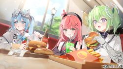  3girls arahashi_tabi beret black_hat black_jacket blue_bow blue_bowtie blue_eyes blue_hair blue_sky booth_seating bottle bow bowtie burger clouds compass copyright_name cup drinking_straw earrings fast_food food french_fries gauntlets gloves goggles goggles_on_head gradient_eyes green_eyes hair_ornament hairclip hanako_nana hat heart heart_earrings holding holding_cup holding_food indoors iop5509 jacket jewelry lamppost long_sleeves multicolored_eyes multicolored_hair multiple_girls nail_polish off-shoulder_jacket off_shoulder official_art open_mouth parallel_hairclips peto_(hanako_nana) pink_hair pink_nails receipt restaurant shirt single_gauntlet single_glove sky soda_bottle stellive streaked_hair twintails virtual_youtuber white_gloves white_hair white_shirt window x_hair_ornament yuzuha_riko 