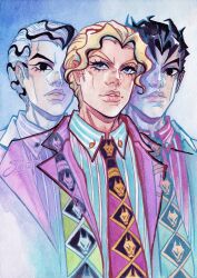  1boy black_eyes black_hair blonde_hair blue_eyes blue_shirt cheekbones collared_shirt commentary diamond_wa_kudakenai english_commentary eyelashes formal_clothes green_necktie hair_slicked_back jacket jojo_no_kimyou_na_bouken kawajiri_kosaku kira_yoshikage kira_yoshikage_(bites_the_dust) looking_at_viewer male_focus multicolored_hair multiple_persona necktie painting_(medium) parted_lips pink_shirt pinstripe_pattern pinstripe_shirt purple_jacket purple_necktie shirt short_hair si3art signature spiky_hair striped_clothes striped_shirt suit teeth traditional_media two-tone_hair vertical-striped_clothes vertical-striped_shirt watercolor_(medium) white_hair white_jacket 
