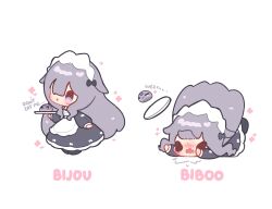  >_< 1girl :o absurdres black_dress black_shoes blunt_bangs blush character_name chibi chibi_only closed_eyes commentary decrilus double-parted_bangs dress english_text falling frilled_dress frills full_body grey_hair hair_between_eyes hashtag-only_commentary highres holding holding_tray hololive hololive_english koseki_bijou long_hair long_sleeves maid maid_headdress open_mouth pebble_(koseki_bijou) shoes simple_background standing tray violet_eyes virtual_youtuber white_background 